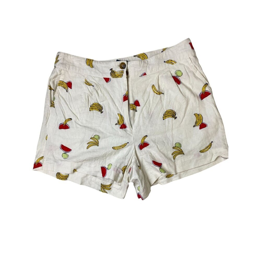 💜 ModCloth Novelty Fruit Print High Rise Linen Shorts Women Size 10 Vacation Bea